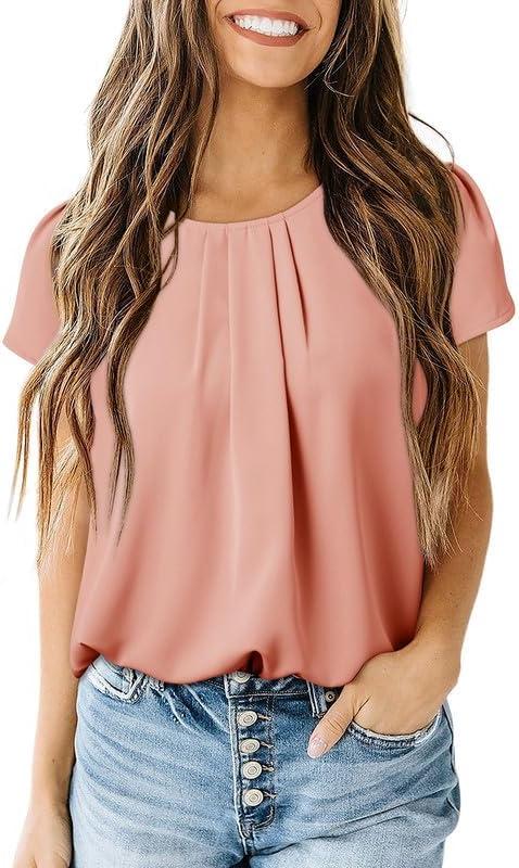 imageDokotoo Womens Casual Round Neck Basic Pleated Tops Short Sleeve Loose Fit Curved Back Chiffon Blouses TshirtsDusty Pink