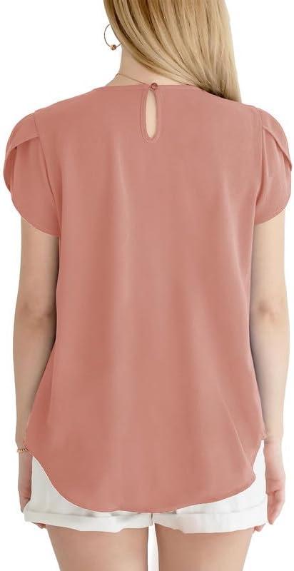 imageDokotoo Womens Casual Round Neck Basic Pleated Tops Short Sleeve Loose Fit Curved Back Chiffon Blouses TshirtsDusty Pink