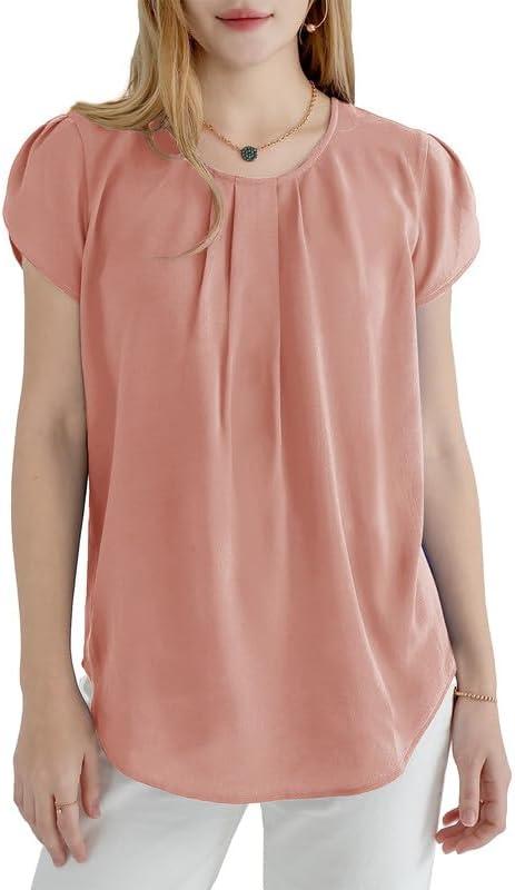 imageDokotoo Womens Casual Round Neck Basic Pleated Tops Short Sleeve Loose Fit Curved Back Chiffon Blouses TshirtsDusty Pink