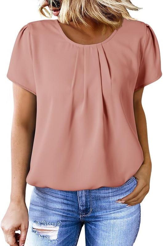 imageDokotoo Womens Casual Round Neck Basic Pleated Tops Short Sleeve Loose Fit Curved Back Chiffon Blouses TshirtsDusty Pink