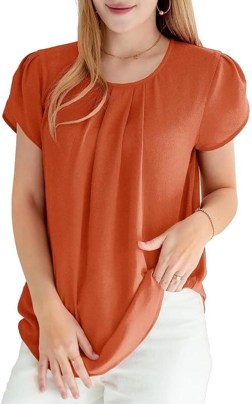 imageDokotoo Womens Casual Round Neck Basic Pleated Tops Short Sleeve Loose Fit Curved Back Chiffon Blouses TshirtsGold Flame