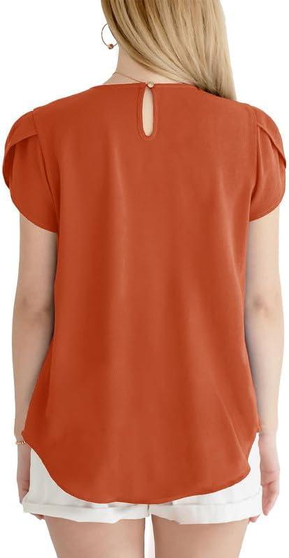 imageDokotoo Womens Casual Round Neck Basic Pleated Tops Short Sleeve Loose Fit Curved Back Chiffon Blouses TshirtsGold Flame