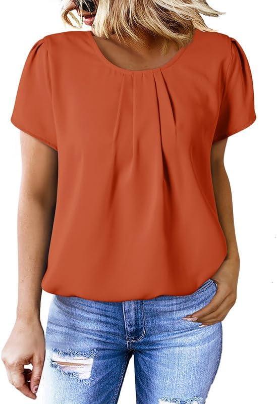 imageDokotoo Womens Casual Round Neck Basic Pleated Tops Short Sleeve Loose Fit Curved Back Chiffon Blouses TshirtsGold Flame