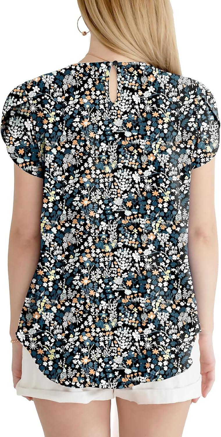 imageDokotoo Womens Casual Round Neck Basic Pleated Tops Short Sleeve Loose Fit Curved Back Chiffon Blouses TshirtsGreen Print