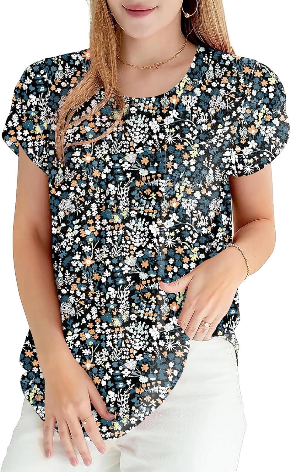 imageDokotoo Womens Casual Round Neck Basic Pleated Tops Short Sleeve Loose Fit Curved Back Chiffon Blouses TshirtsGreen Print