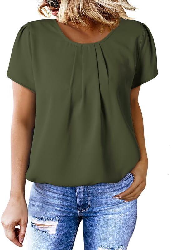 imageDokotoo Womens Casual Round Neck Basic Pleated Tops Short Sleeve Loose Fit Curved Back Chiffon Blouses TshirtsJungle Green