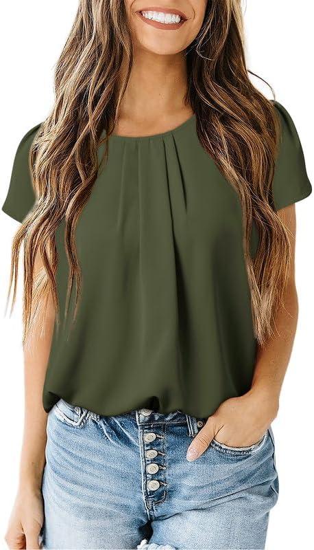 imageDokotoo Womens Casual Round Neck Basic Pleated Tops Short Sleeve Loose Fit Curved Back Chiffon Blouses TshirtsJungle Green