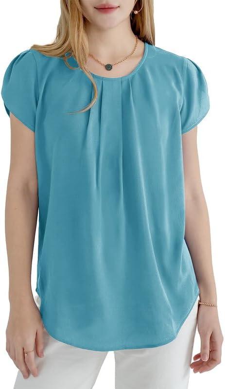 imageDokotoo Womens Casual Round Neck Basic Pleated Tops Short Sleeve Loose Fit Curved Back Chiffon Blouses TshirtsLight Blue