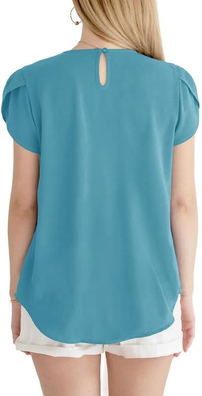 imageDokotoo Womens Casual Round Neck Basic Pleated Tops Short Sleeve Loose Fit Curved Back Chiffon Blouses TshirtsLight Blue