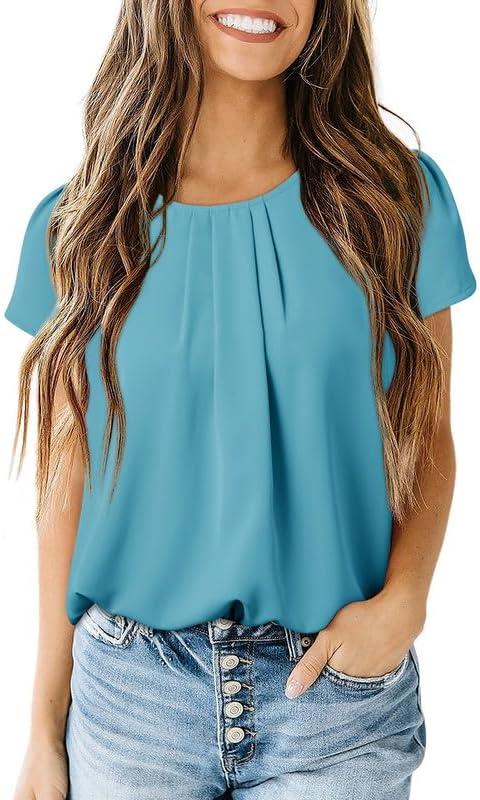 imageDokotoo Womens Casual Round Neck Basic Pleated Tops Short Sleeve Loose Fit Curved Back Chiffon Blouses TshirtsLight Blue