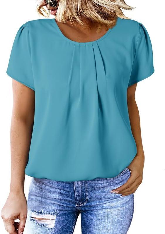 imageDokotoo Womens Casual Round Neck Basic Pleated Tops Short Sleeve Loose Fit Curved Back Chiffon Blouses TshirtsLight Blue