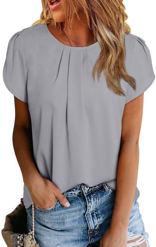 imageDokotoo Womens Casual Round Neck Basic Pleated Tops Short Sleeve Loose Fit Curved Back Chiffon Blouses TshirtsLight Grey