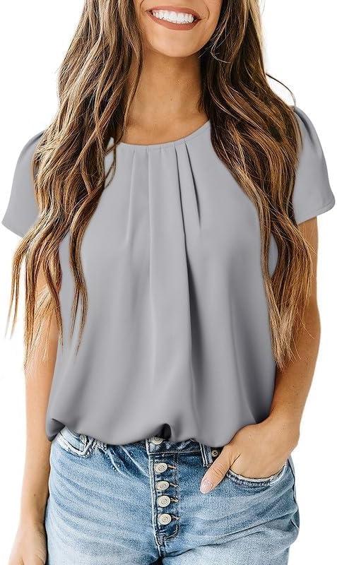 imageDokotoo Womens Casual Round Neck Basic Pleated Tops Short Sleeve Loose Fit Curved Back Chiffon Blouses TshirtsLight Grey