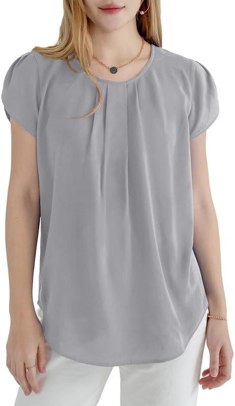 imageDokotoo Womens Casual Round Neck Basic Pleated Tops Short Sleeve Loose Fit Curved Back Chiffon Blouses TshirtsLight Grey