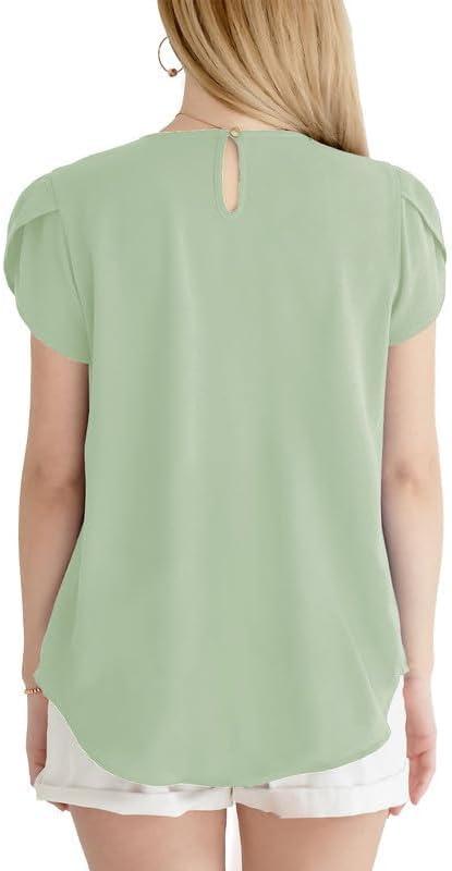 imageDokotoo Womens Casual Round Neck Basic Pleated Tops Short Sleeve Loose Fit Curved Back Chiffon Blouses TshirtsMeadow Mist Green