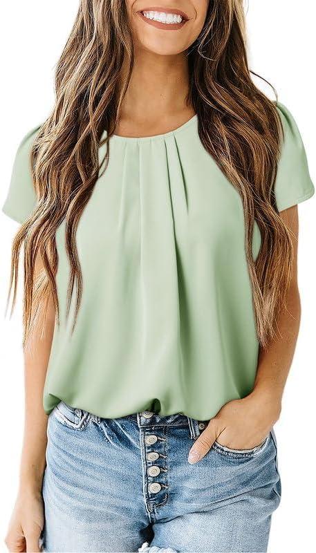 imageDokotoo Womens Casual Round Neck Basic Pleated Tops Short Sleeve Loose Fit Curved Back Chiffon Blouses TshirtsMeadow Mist Green