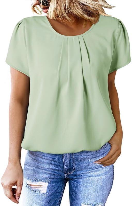 imageDokotoo Womens Casual Round Neck Basic Pleated Tops Short Sleeve Loose Fit Curved Back Chiffon Blouses TshirtsMeadow Mist Green