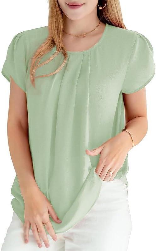 imageDokotoo Womens Casual Round Neck Basic Pleated Tops Short Sleeve Loose Fit Curved Back Chiffon Blouses TshirtsMeadow Mist Green