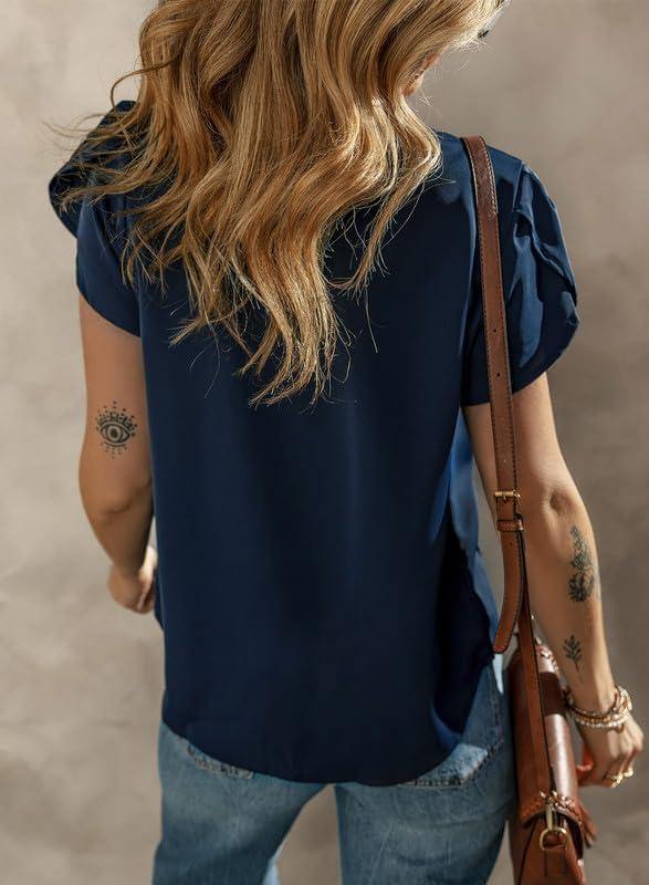 imageDokotoo Womens Casual Round Neck Basic Pleated Tops Short Sleeve Loose Fit Curved Back Chiffon Blouses TshirtsNavy Blue