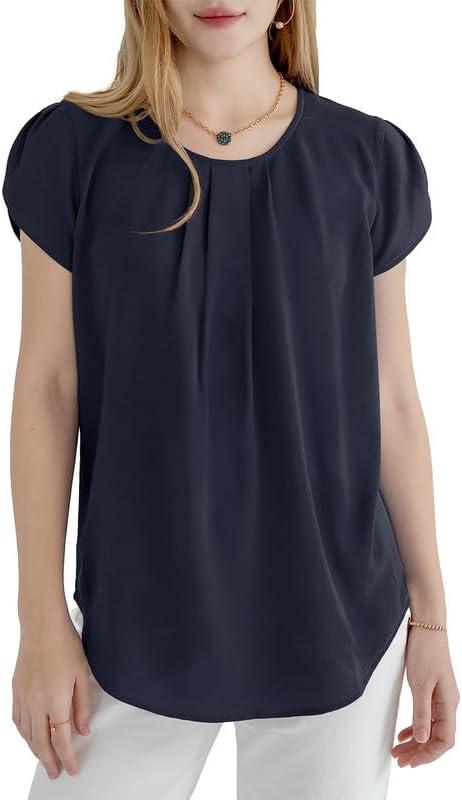 imageDokotoo Womens Casual Round Neck Basic Pleated Tops Short Sleeve Loose Fit Curved Back Chiffon Blouses TshirtsNavy Blue