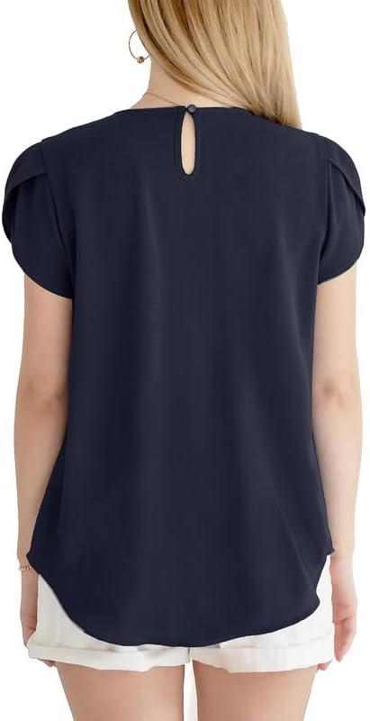 imageDokotoo Womens Casual Round Neck Basic Pleated Tops Short Sleeve Loose Fit Curved Back Chiffon Blouses TshirtsNavy Blue