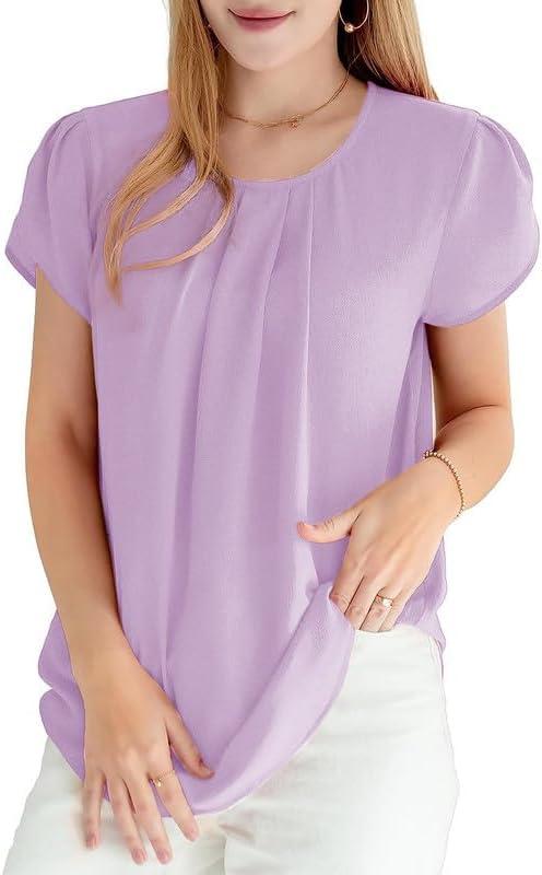 imageDokotoo Womens Casual Round Neck Basic Pleated Tops Short Sleeve Loose Fit Curved Back Chiffon Blouses TshirtsPurple