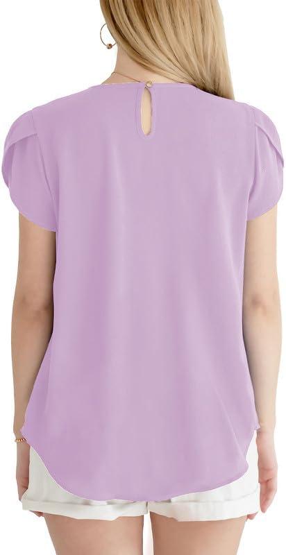 imageDokotoo Womens Casual Round Neck Basic Pleated Tops Short Sleeve Loose Fit Curved Back Chiffon Blouses TshirtsPurple