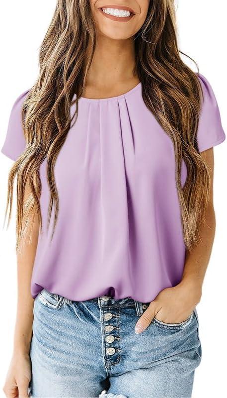 imageDokotoo Womens Casual Round Neck Basic Pleated Tops Short Sleeve Loose Fit Curved Back Chiffon Blouses TshirtsPurple