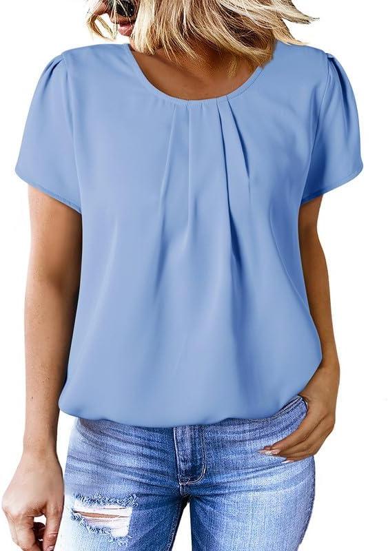 imageDokotoo Womens Casual Round Neck Basic Pleated Tops Short Sleeve Loose Fit Curved Back Chiffon Blouses TshirtsSky Blue