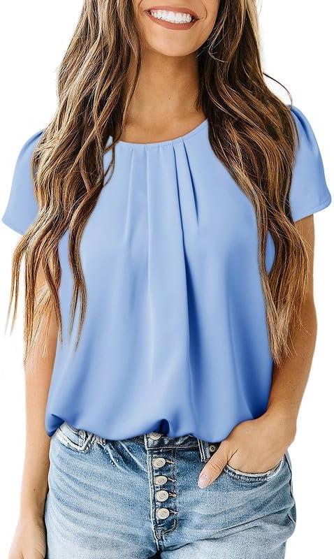 imageDokotoo Womens Casual Round Neck Basic Pleated Tops Short Sleeve Loose Fit Curved Back Chiffon Blouses TshirtsSky Blue