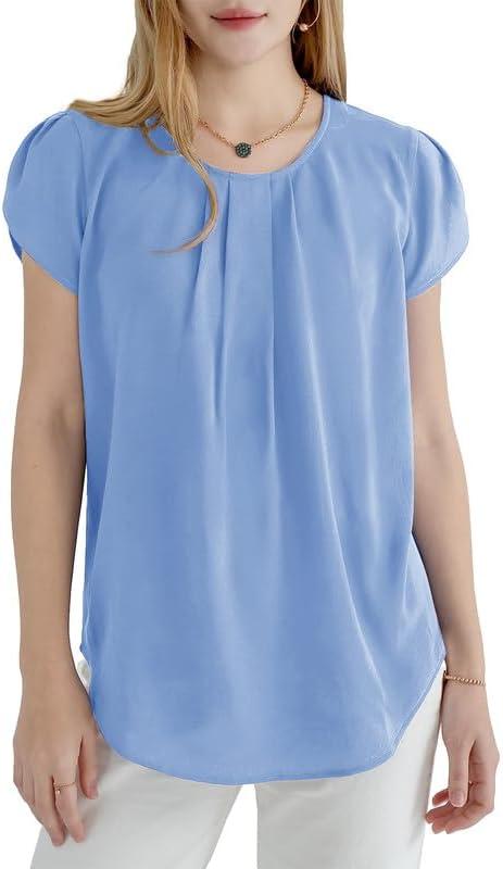 imageDokotoo Womens Casual Round Neck Basic Pleated Tops Short Sleeve Loose Fit Curved Back Chiffon Blouses TshirtsSky Blue