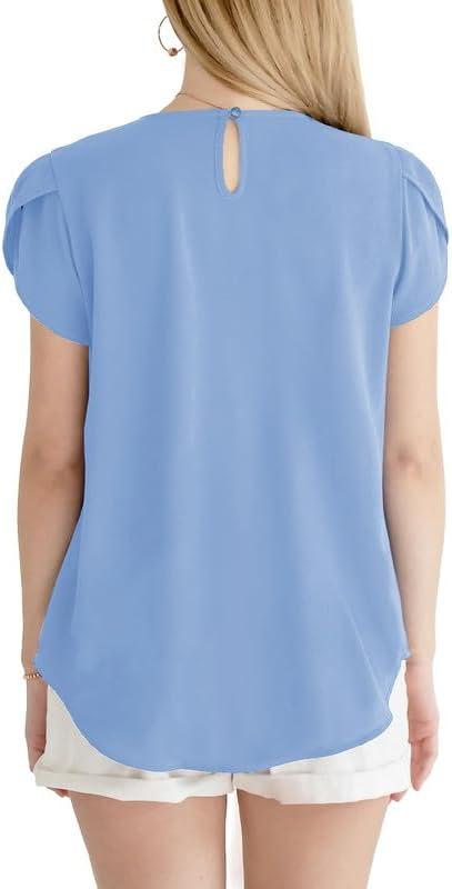imageDokotoo Womens Casual Round Neck Basic Pleated Tops Short Sleeve Loose Fit Curved Back Chiffon Blouses TshirtsSky Blue