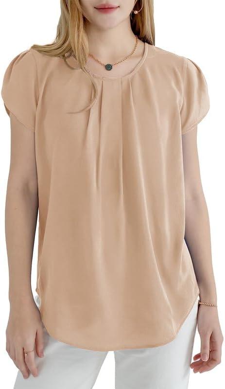 imageDokotoo Womens Casual Round Neck Basic Pleated Tops Short Sleeve Loose Fit Curved Back Chiffon Blouses TshirtsSmoke Gray