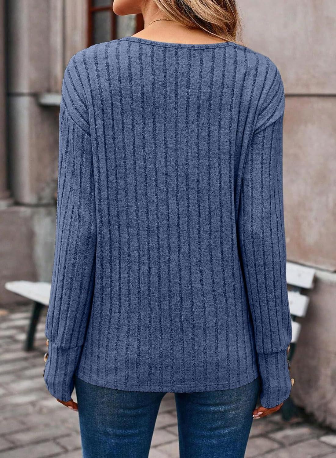 imageDokotoo Womens Soft Long Sleeve V Neck Shirts Solid Casual Decorative Buttons Knitted Pullover Tunic TopsAshleigh Blue