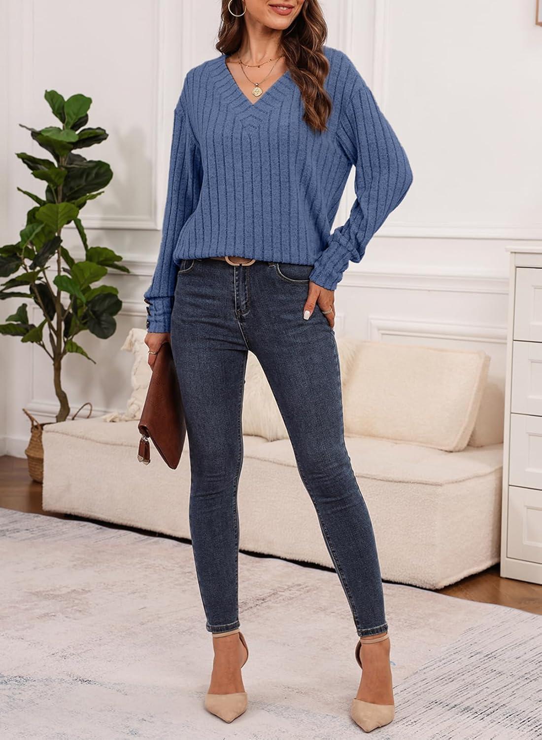 imageDokotoo Womens Soft Long Sleeve V Neck Shirts Solid Casual Decorative Buttons Knitted Pullover Tunic TopsAshleigh Blue