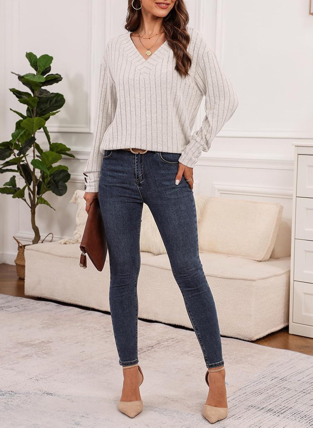 imageDokotoo Womens Soft Long Sleeve V Neck Shirts Solid Casual Decorative Buttons Knitted Pullover Tunic TopsBeige