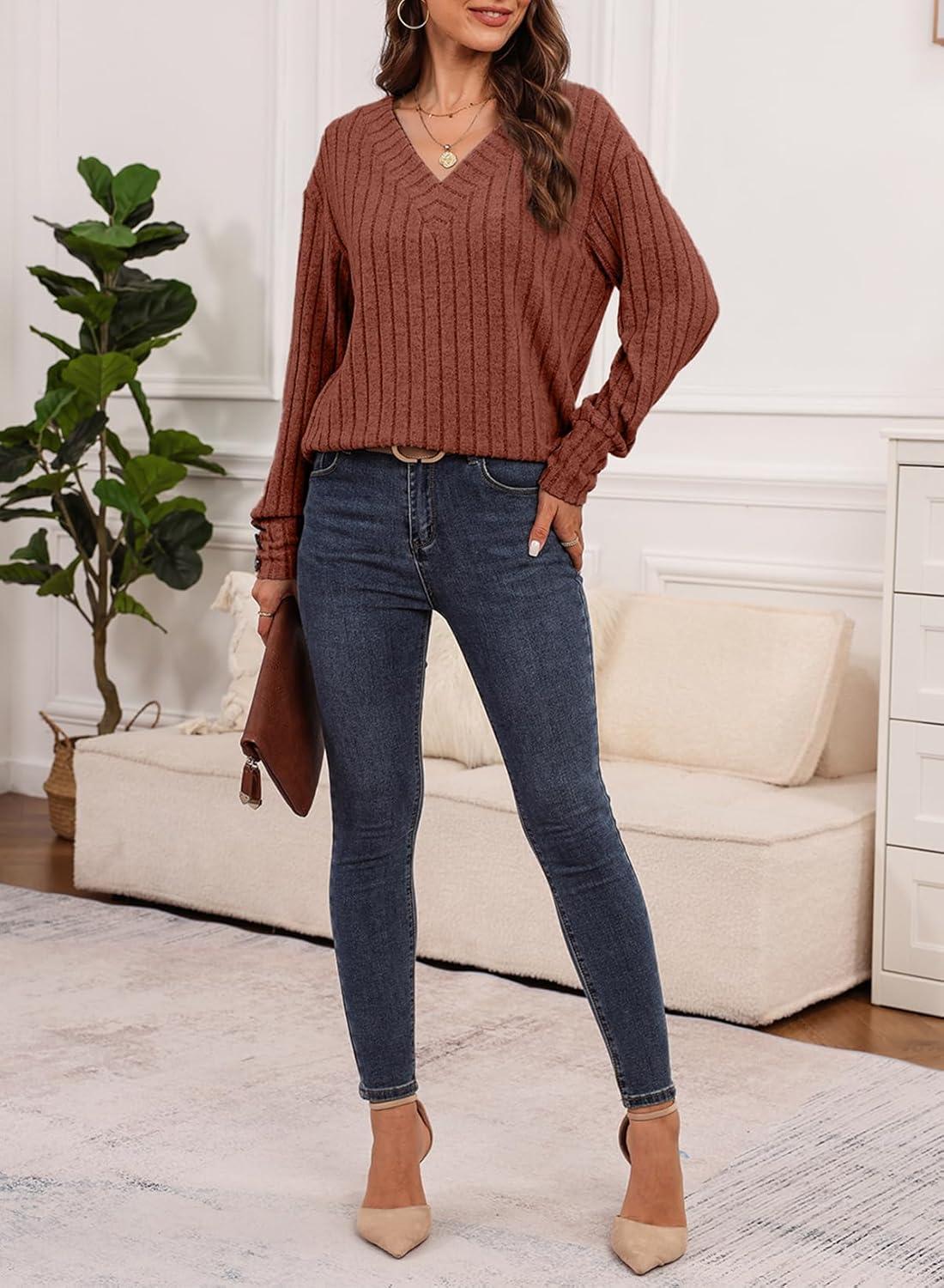 imageDokotoo Womens Soft Long Sleeve V Neck Shirts Solid Casual Decorative Buttons Knitted Pullover Tunic TopsCaramel