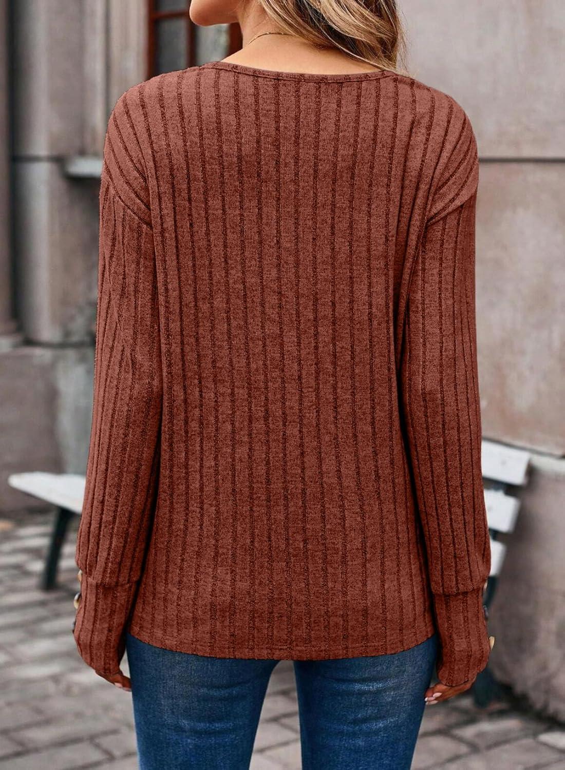 imageDokotoo Womens Soft Long Sleeve V Neck Shirts Solid Casual Decorative Buttons Knitted Pullover Tunic TopsCaramel