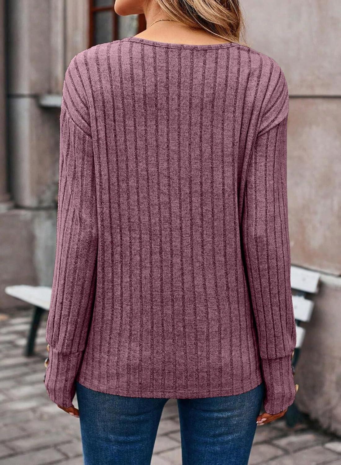 imageDokotoo Womens Soft Long Sleeve V Neck Shirts Solid Casual Decorative Buttons Knitted Pullover Tunic TopsValerian