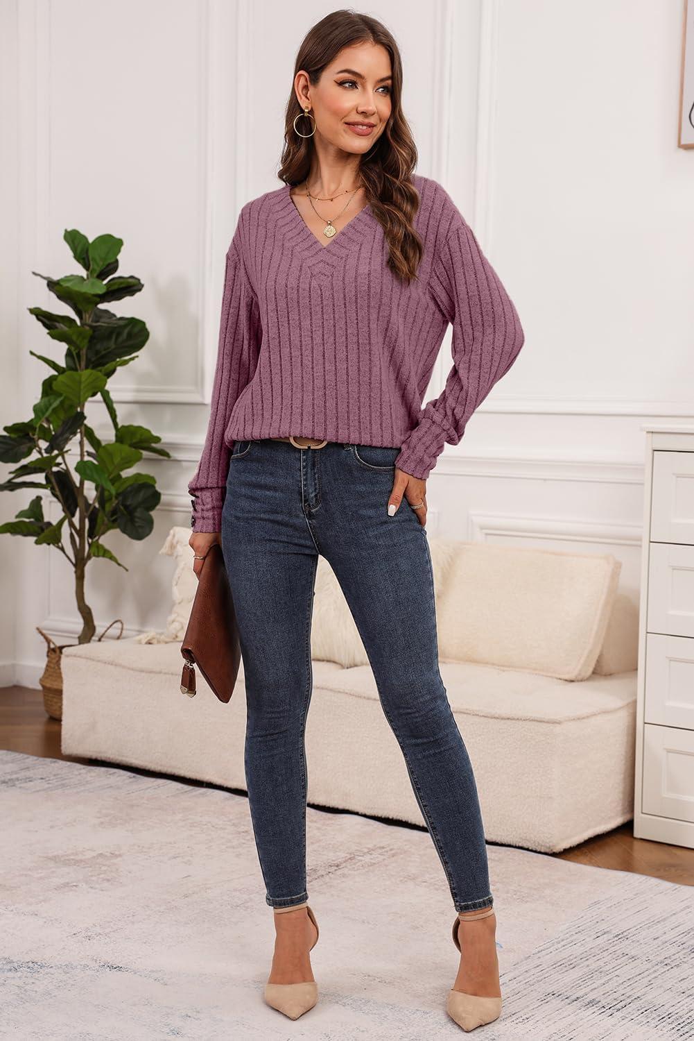 imageDokotoo Womens Soft Long Sleeve V Neck Shirts Solid Casual Decorative Buttons Knitted Pullover Tunic TopsValerian