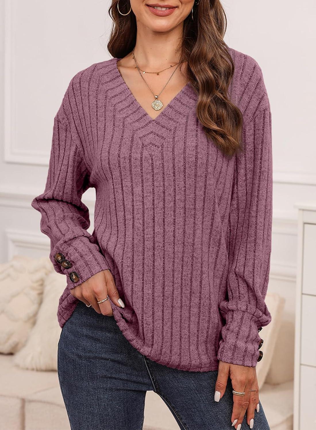 imageDokotoo Womens Soft Long Sleeve V Neck Shirts Solid Casual Decorative Buttons Knitted Pullover Tunic TopsValerian