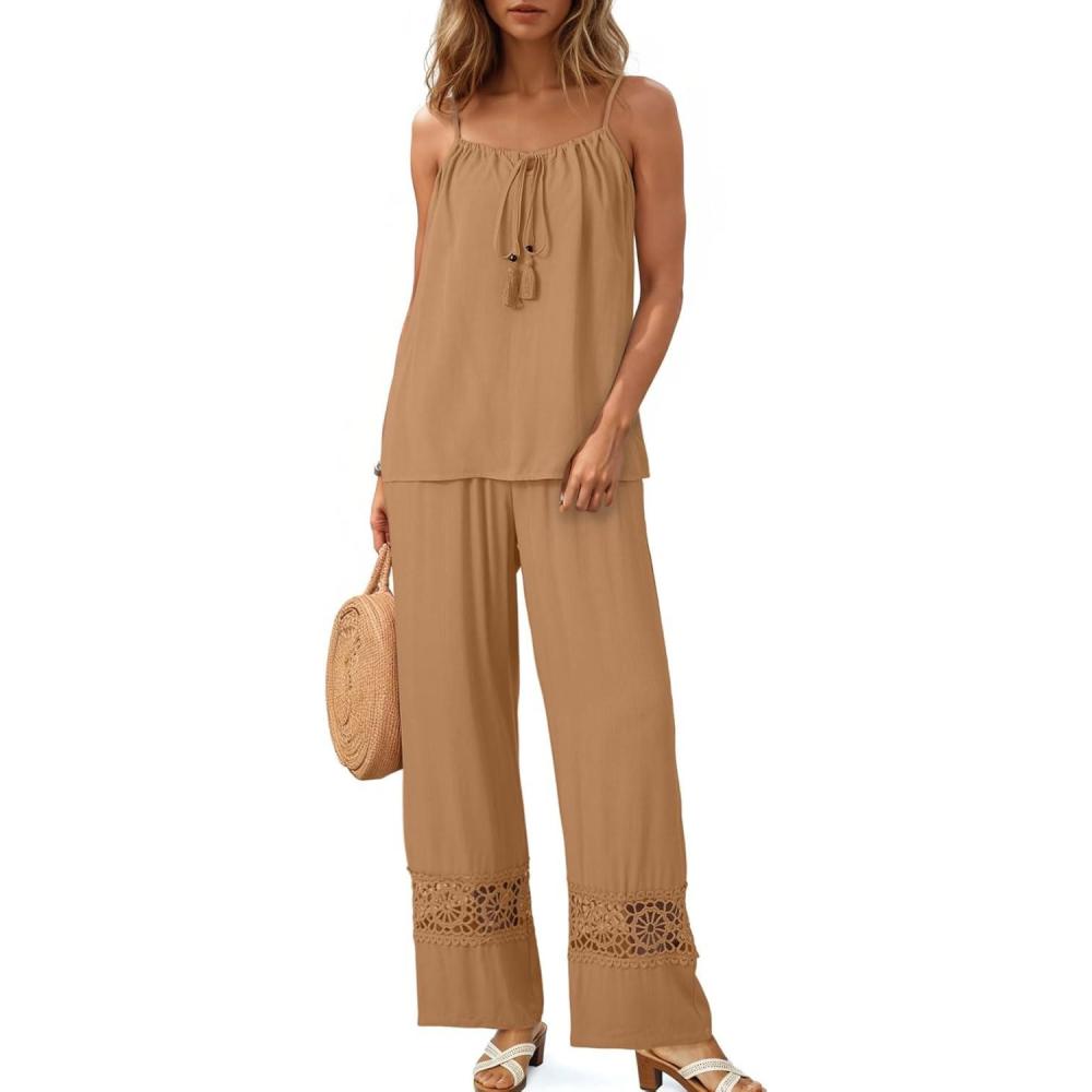 imageDokotoo 2 Piece Sets for Women Summer Spaghetti Strap Tie Knot Top Lace Wide Leg Pants SetBrown