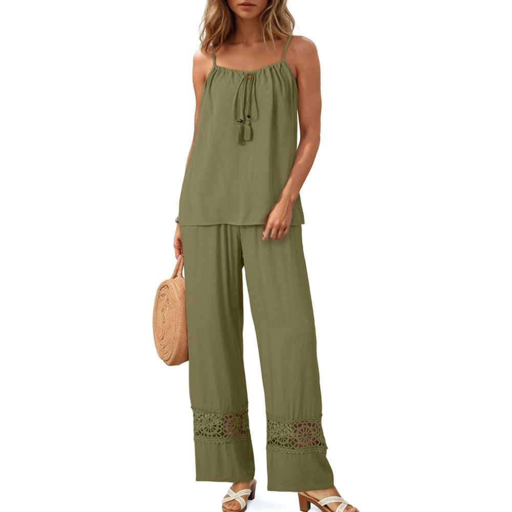 imageDokotoo 2 Piece Sets for Women Summer Spaghetti Strap Tie Knot Top Lace Wide Leg Pants SetGreen