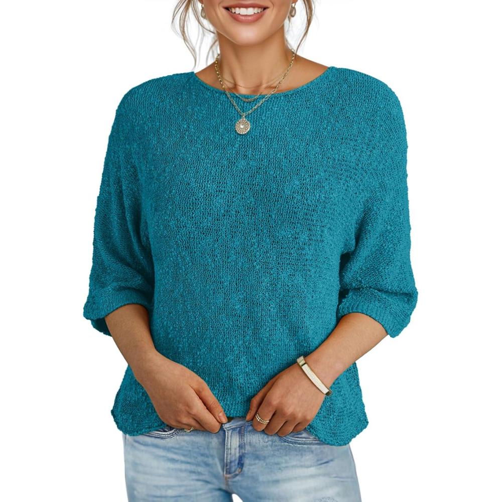 imageDokotoo Womens 2025 Fall Casual Crewneck 34 Sleeve Striped Lightweight Knit Trendy Boho Tops Pullover SweatersB Blue