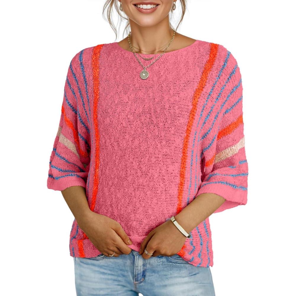 imageDokotoo Womens 2025 Fall Casual Crewneck 34 Sleeve Striped Lightweight Knit Trendy Boho Tops Pullover SweatersB Rose 2