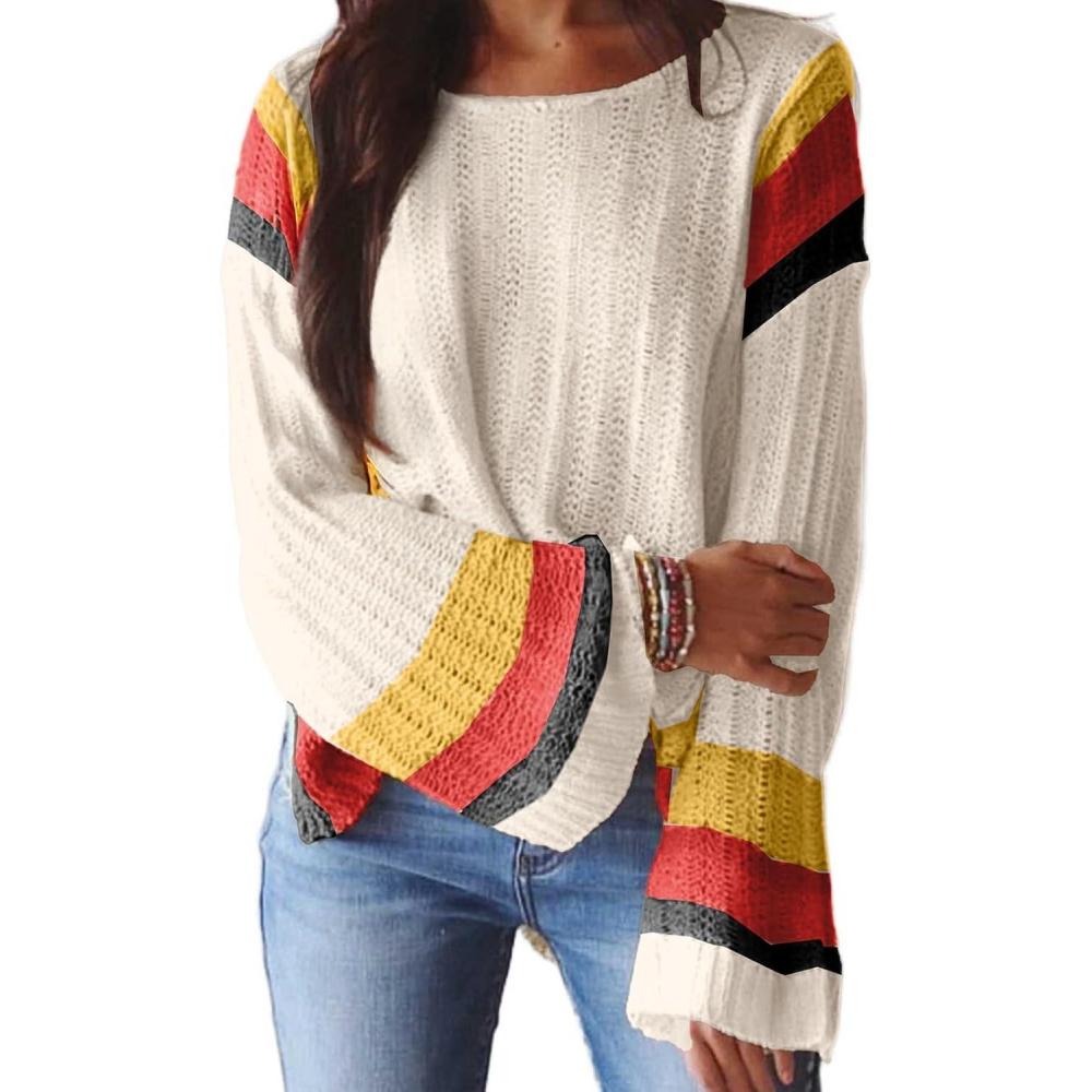 imageDokotoo Womens 2025 Fall Casual Crewneck 34 Sleeve Striped Lightweight Knit Trendy Boho Tops Pullover SweatersC Beige