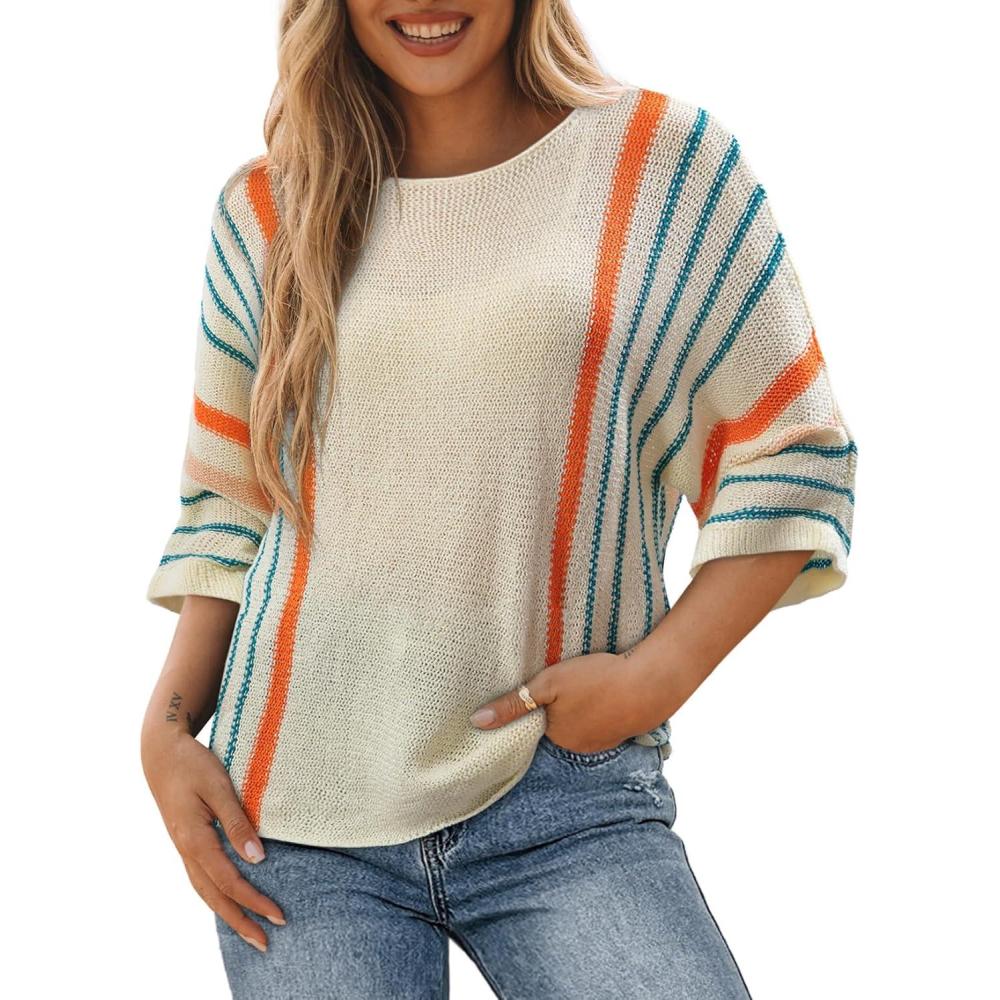 imageDokotoo Womens 2025 Fall Casual Crewneck 34 Sleeve Striped Lightweight Knit Trendy Boho Tops Pullover SweatersH White