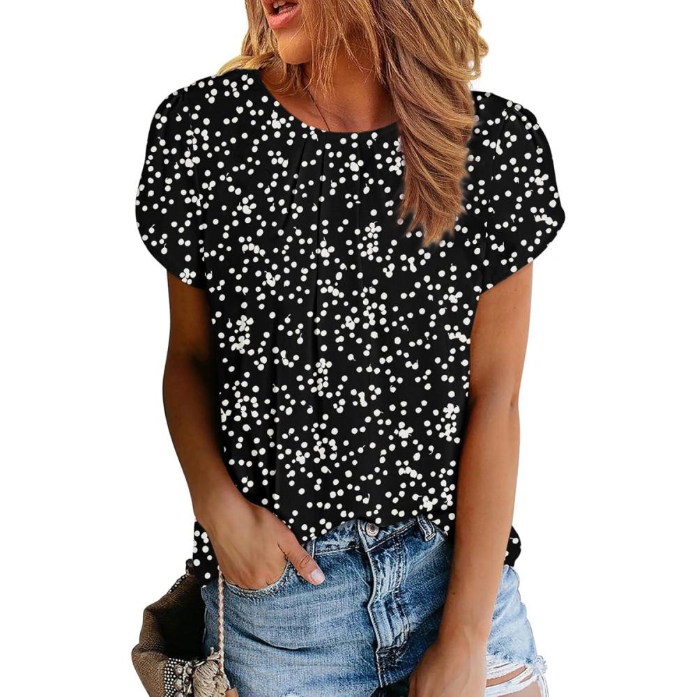 imageDokotoo Womens Casual Round Neck Basic Pleated Tops Short Sleeve Loose Fit Curved Back Chiffon Blouses TshirtsBlack Print