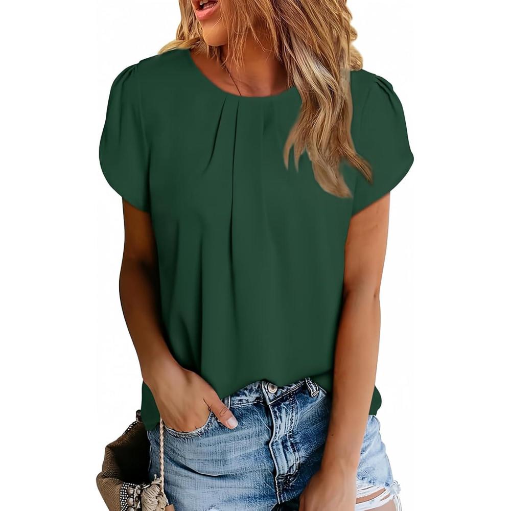 imageDokotoo Womens Casual Round Neck Basic Pleated Tops Short Sleeve Loose Fit Curved Back Chiffon Blouses TshirtsBlackish Green