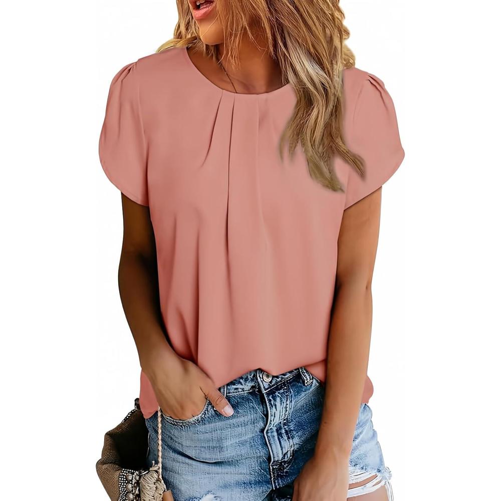 imageDokotoo Womens Casual Round Neck Basic Pleated Tops Short Sleeve Loose Fit Curved Back Chiffon Blouses TshirtsDusty Pink